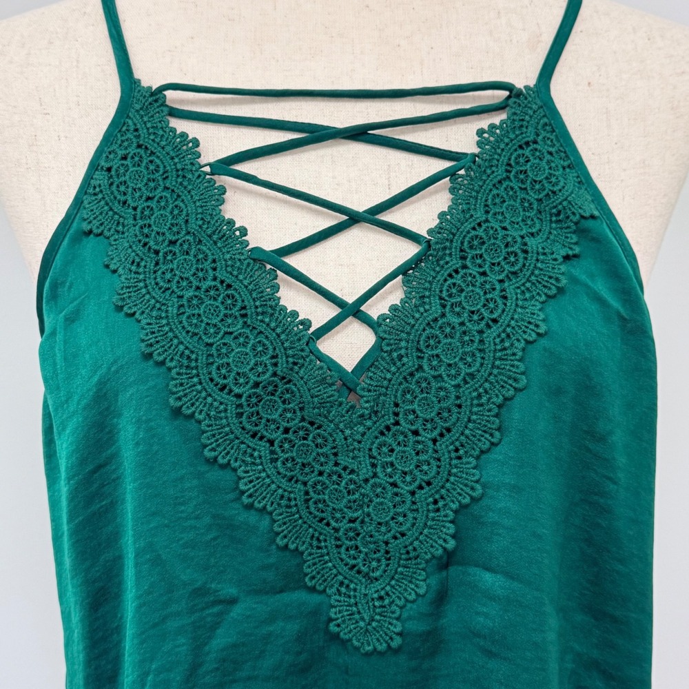 Y2K Fairy Grunge Teal Green Satin Cami Top Size L Lace Whimsigoth Romantic NWOT